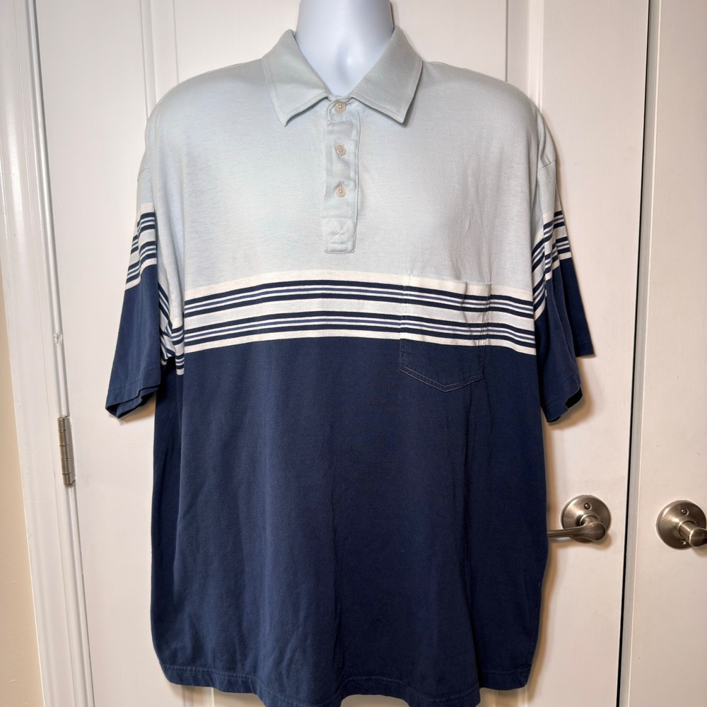 Towncraft Mens Polo Shirt Colorblock Striped Pocket Short Sleeve Blue 3XLT